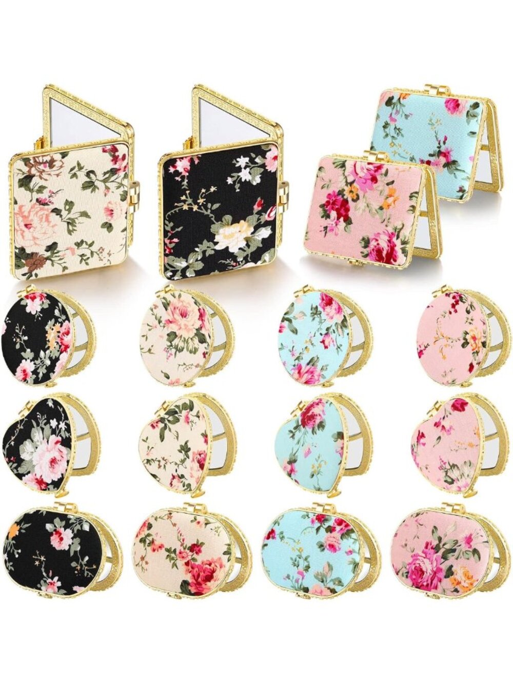 16 Pcs Floral Compact Mirrors for Purse, Gold Edge Travel Accessories, Gift Set